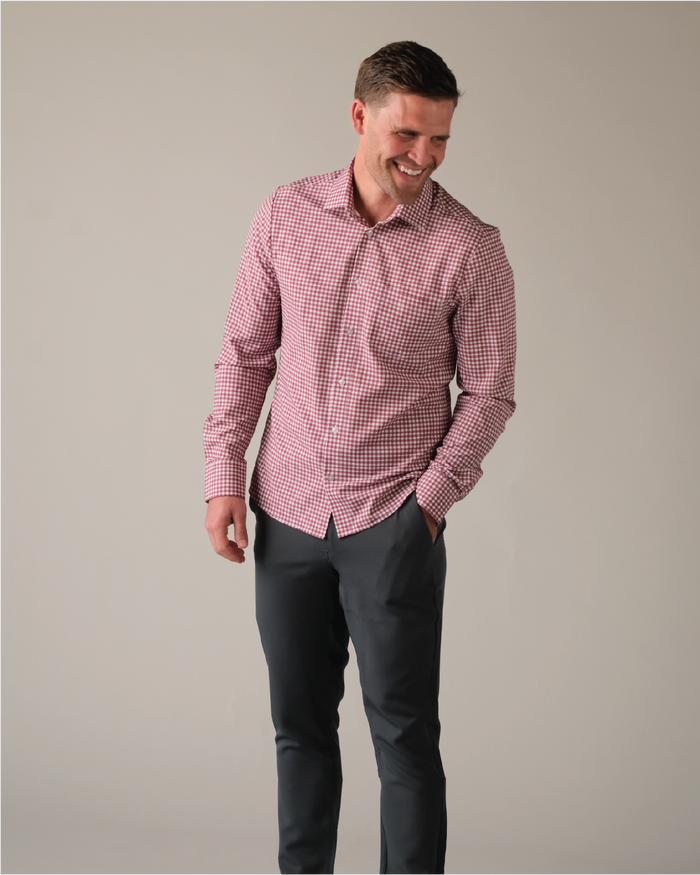 Man wearing a white and oxblood gingham shirt