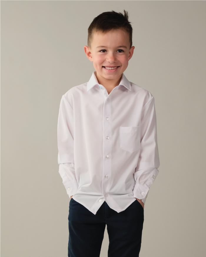 Boy wearing kids white dress shirt