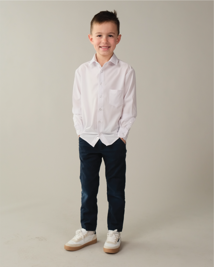 Boy wearing kids white dress shirt