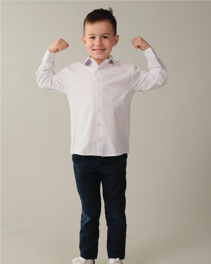 Boy wearing kids white dress shirt