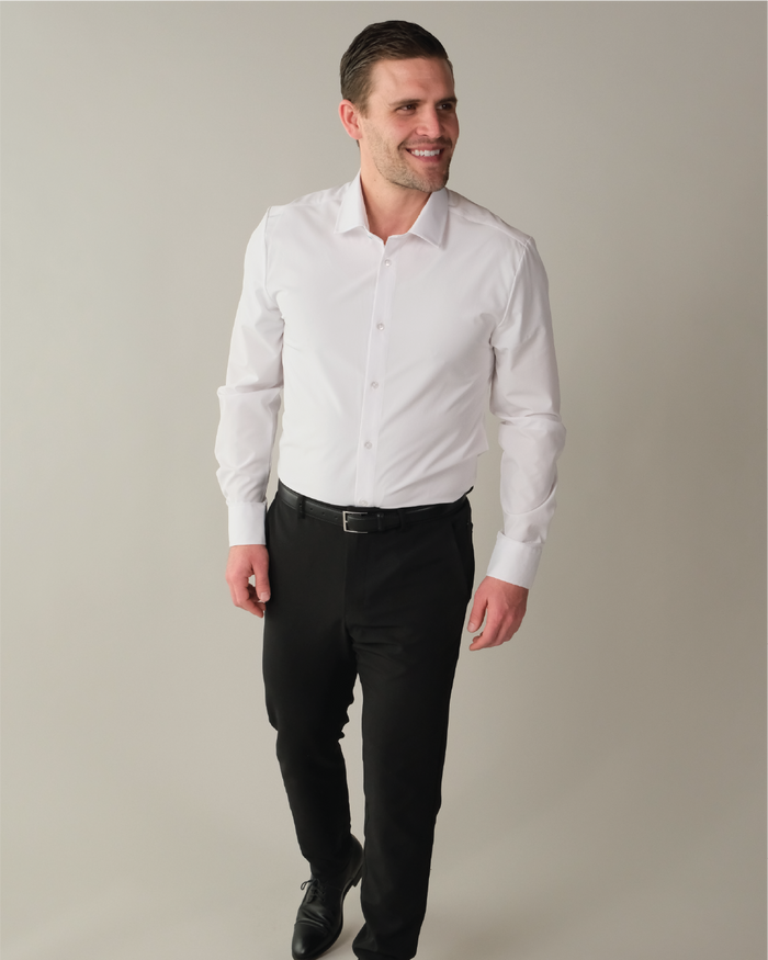 Man wearing a white dress shirt without a pocket