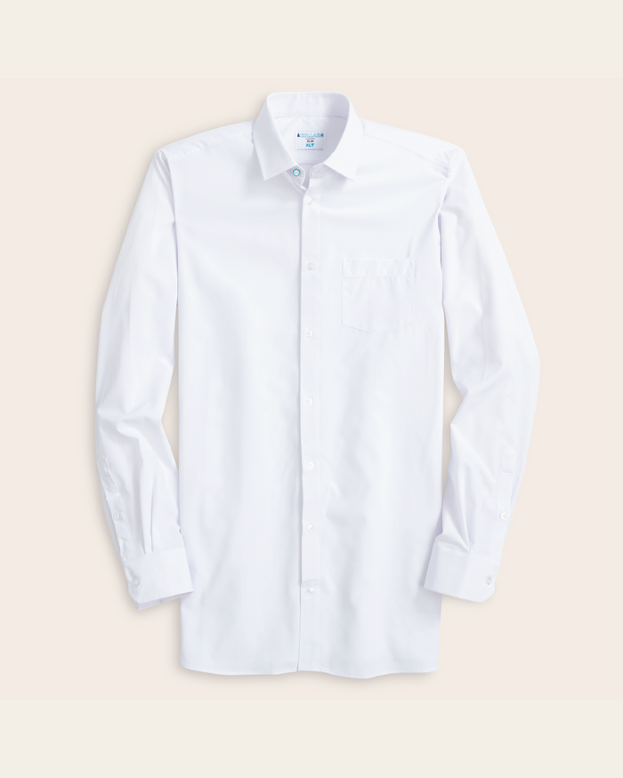 A TALL white dress shirt with long sleeves and added length
