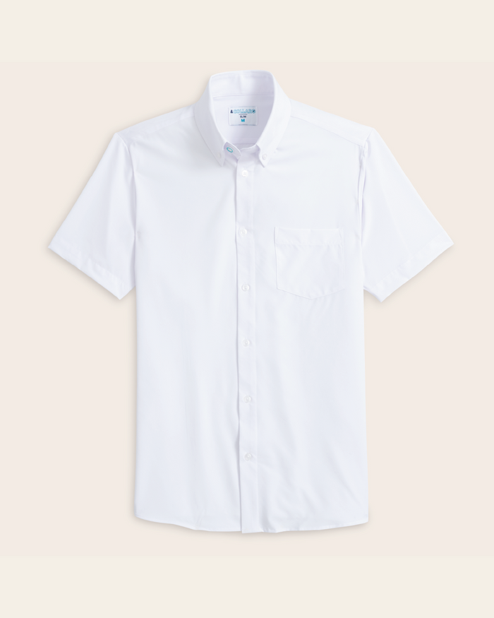 A short sleeve white dress shirt with button down collar