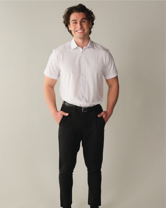 Man wearing a short sleeve white dress shirt