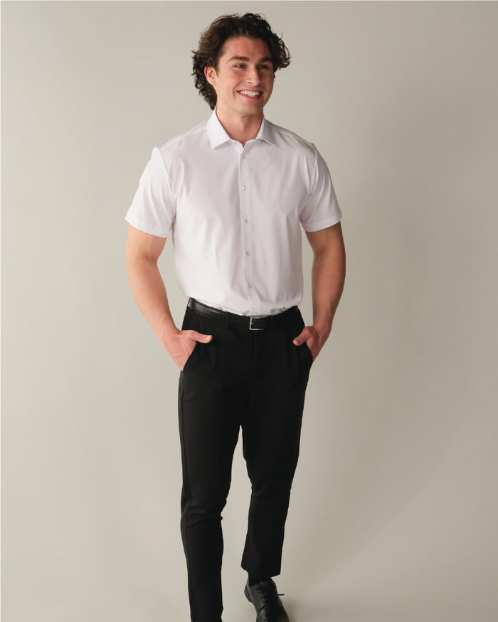 Man wearing a short sleeve white dress shirt