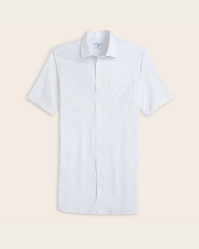 A TALL short sleeve white dress shirt with longer sleeves and added length