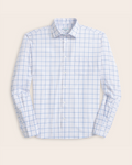 A white shirt with navy and grey grids
