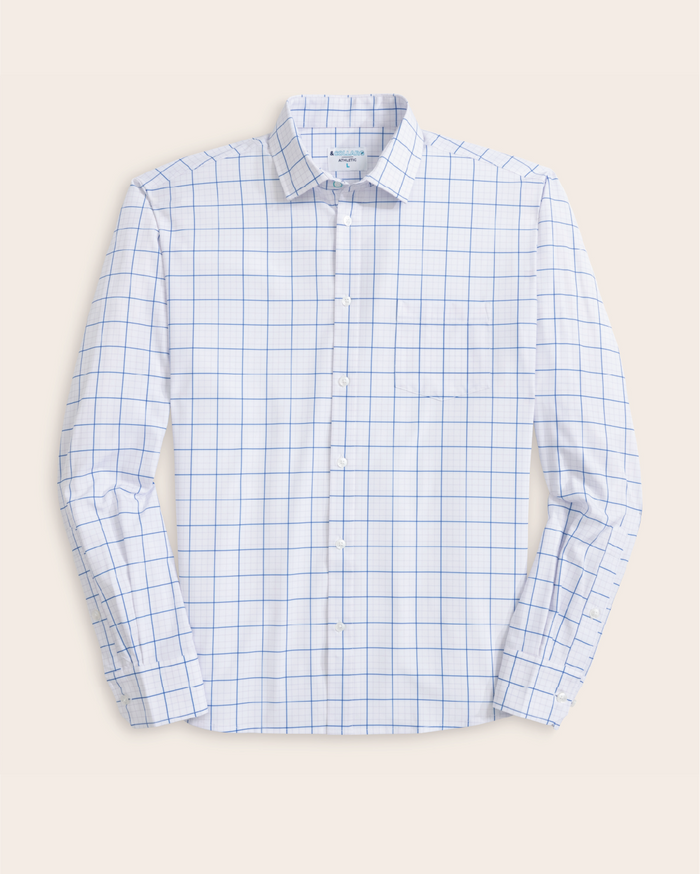 A white shirt with navy and grey grids