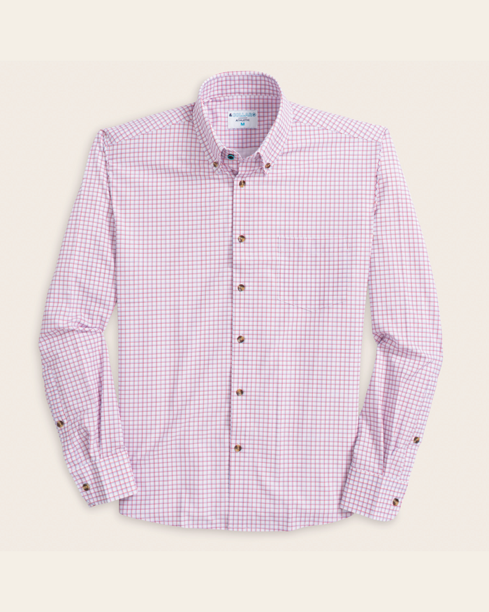 White shirt with red and purple windowpane. Tortoise shell buttons.