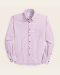 White shirt with red and purple windowpane. Tortoise shell buttons.