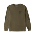 Olive green long sleeve t-shirt with small chest logo and botanical sleeve embroidery details, displayed flat lay on white background