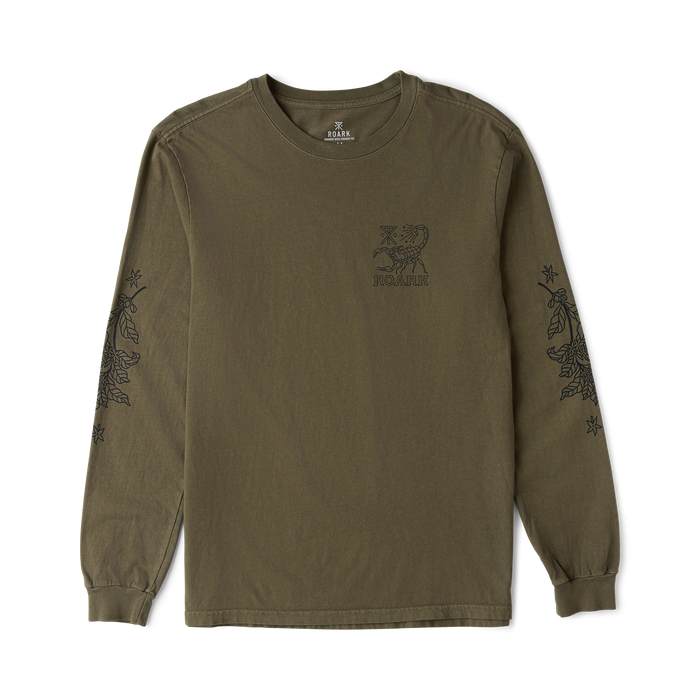 Olive green long sleeve t-shirt with small chest logo and botanical sleeve embroidery details, displayed flat lay on white background