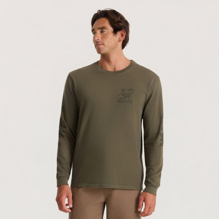 Olive green long-sleeve tee with embroidered roaring lion graphic on chest and sleeves, worn by man on neutral background