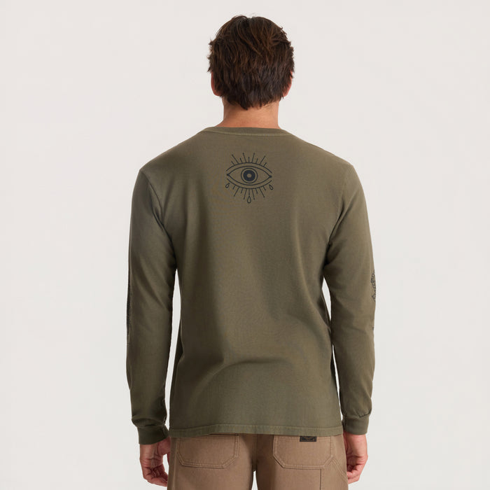 Olive green long sleeve tee with eye graphic on back, worn by man facing away against neutral background
