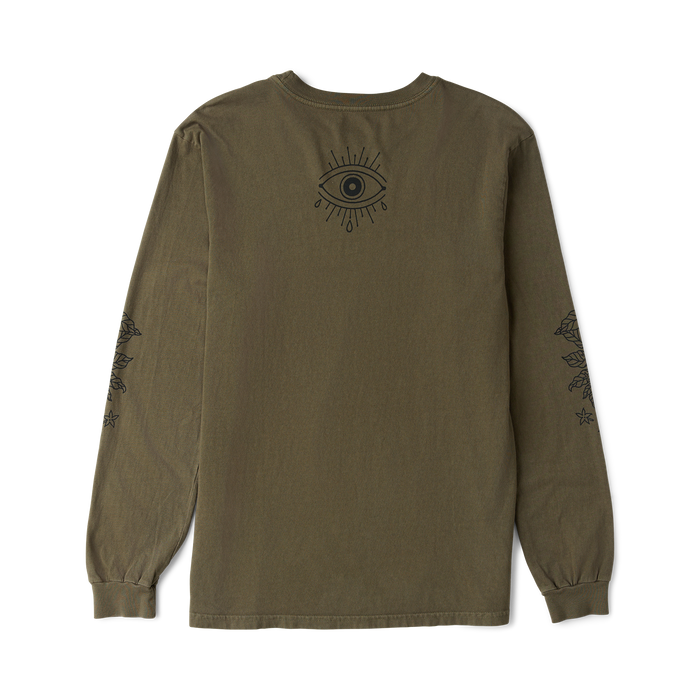 Olive green long sleeve tee with eye graphic on back and star sleeve embroidery details, displayed flat lay against white background