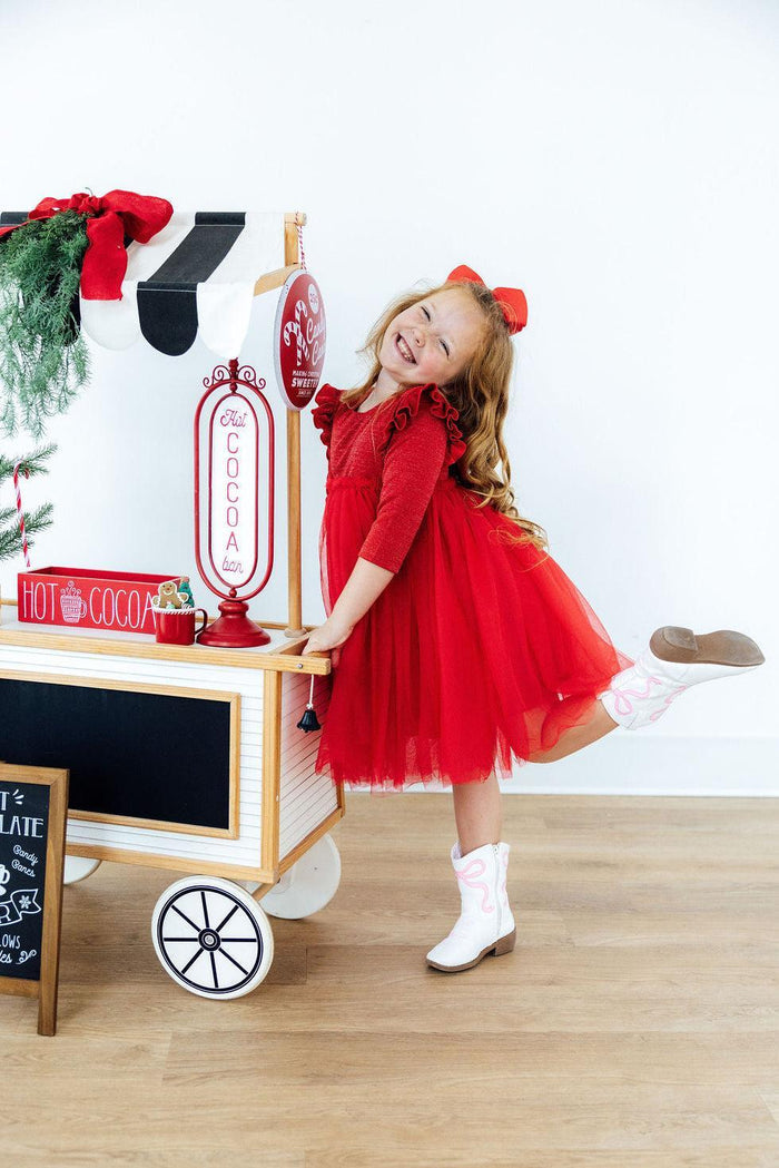 Red Shimmer 3/4 Sleeve Tutu Dress-Mila & Rose ®