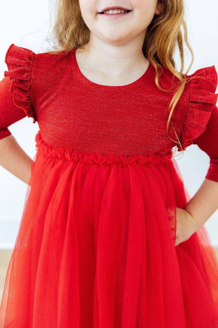 Red Shimmer 3/4 Sleeve Tutu Dress-Mila & Rose ®