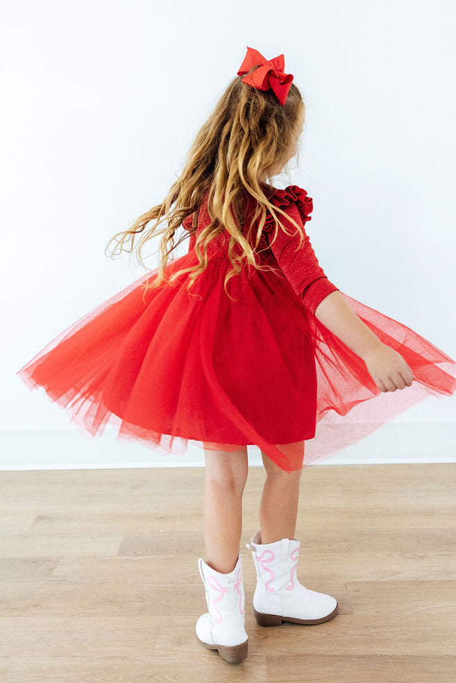Red Shimmer 3/4 Sleeve Tutu Dress-Mila & Rose ®
