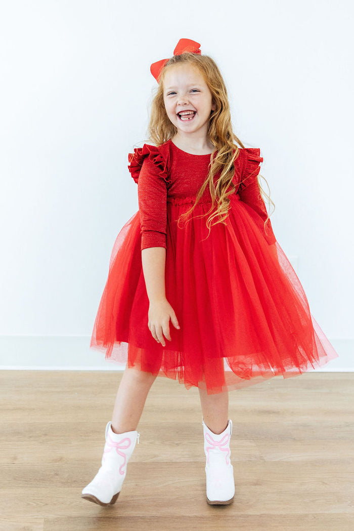 Red Shimmer 3/4 Sleeve Tutu Dress-Mila & Rose ®