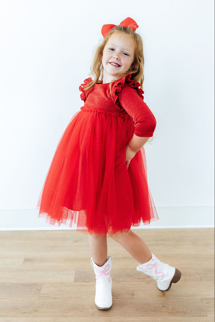 Red Shimmer 3/4 Sleeve Tutu Dress-Mila & Rose ®