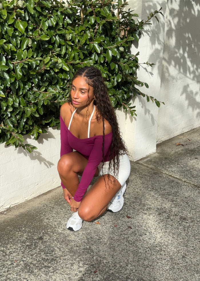 RIBBED OFF SHOULDER LONG SLEEVE - BERRY
