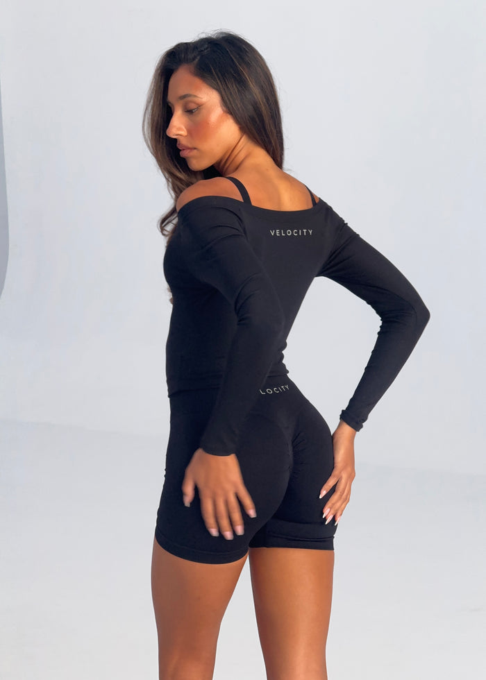 RIBBED OFF SHOULDER LONG SLEEVE - BLACK