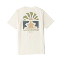 Cream short sleeve t-shirt with green and tan graphic design featuring sun and plant motifs with Forever Roaming text