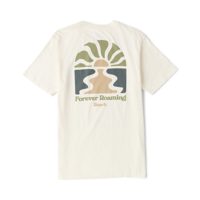 Cream short sleeve t-shirt with green and tan graphic design featuring sun and plant motifs with Forever Roaming text