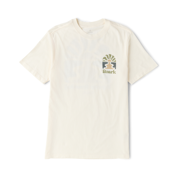 Cream Roark Roaming Premium Tee with small arch logo and text on chest, shown flat lay on white background