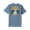 Slate blue short-sleeve t-shirt with yellow sun and desert graphic and Forever Roaming Roark text on back
