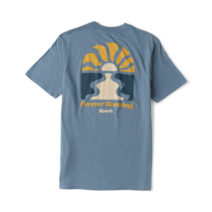 Slate blue short-sleeve t-shirt with yellow sun and desert graphic and Forever Roaming Roark text on back