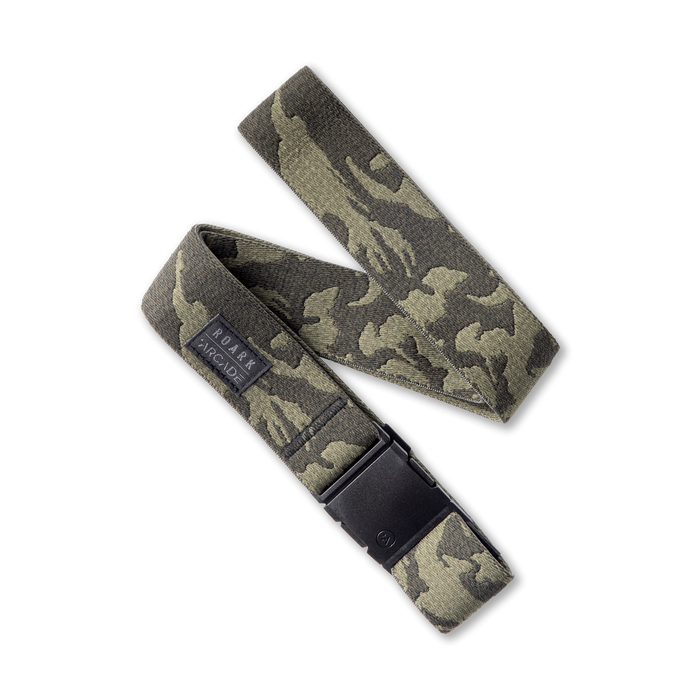 Camouflage Roark Arcade belt featuring a black strap and secure buckle, perfect for outdoor adventures and travel.