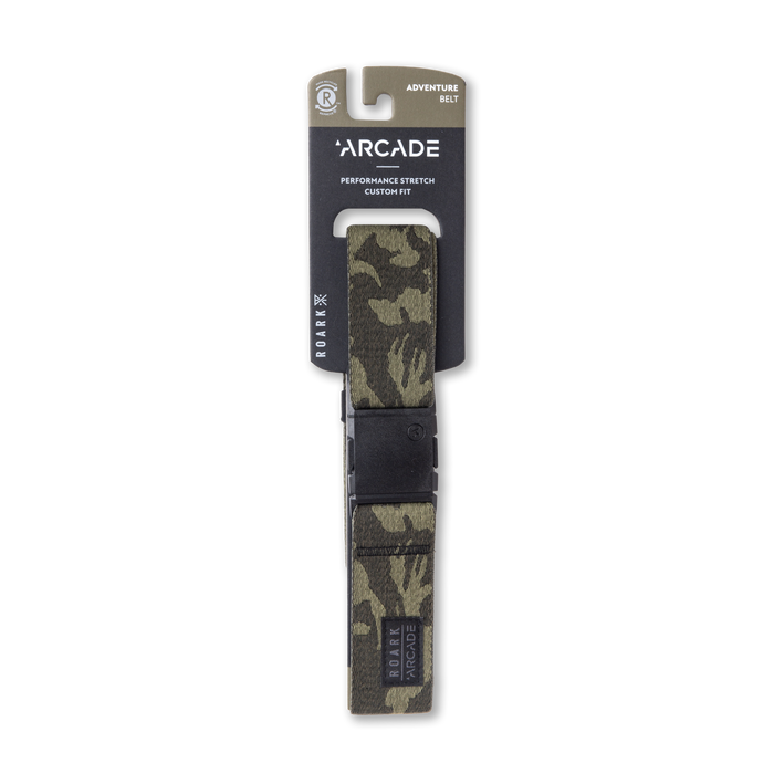 Close-up view of a Roark Arcade Belt 2 featuring military camouflage pattern with a sturdy buckle and strap, accompanied by an adventure-style watch.