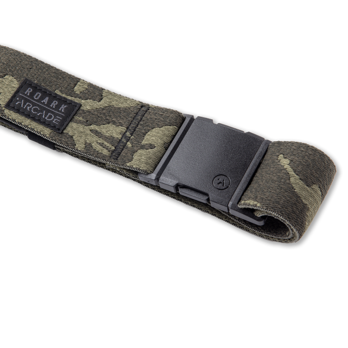 Adjustable Roark Arcade Belt 5 featuring a rugged camouflage pattern with a durable buckle, ideal for adventure and outdoor activities.
