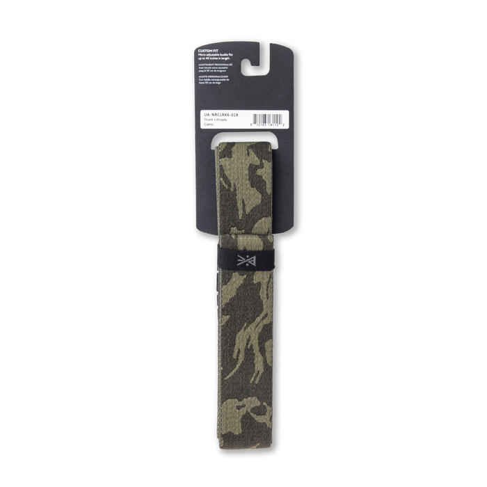 Roark Arcade Belt featuring a military camouflage pattern with a durable leather strap and secure buckle, ideal for adventure and outdoor activities.