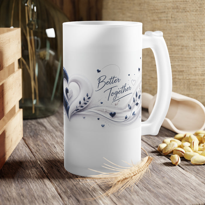 Romantic Frosted Glass Beer Stein — Blue Heart Flourish Design