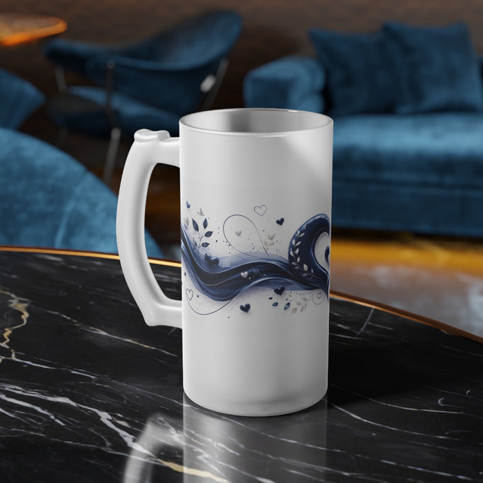 Romantic Frosted Glass Beer Stein — Blue Heart Flourish Design