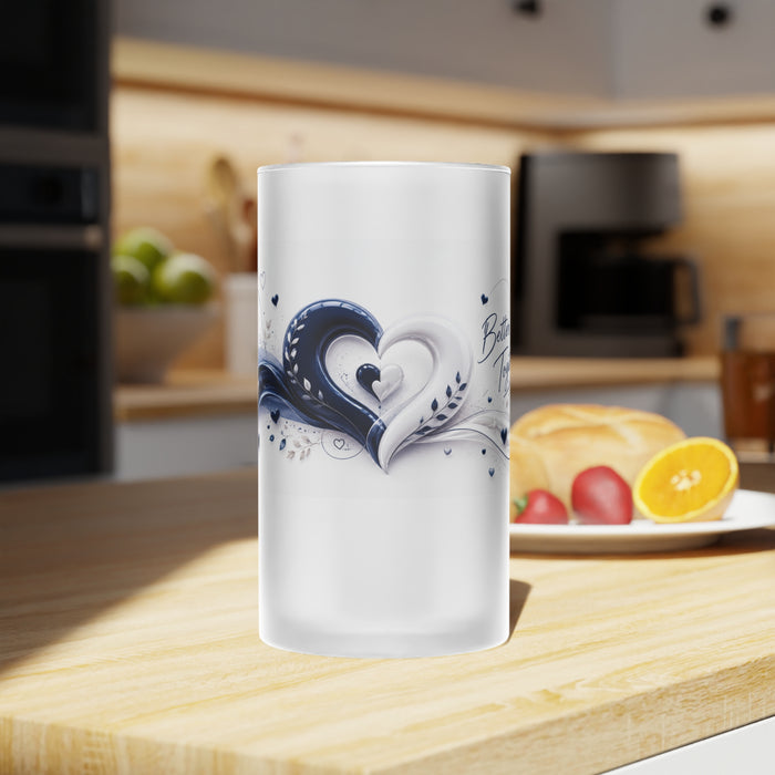 Romantic Frosted Glass Beer Stein — Blue Heart Flourish Design