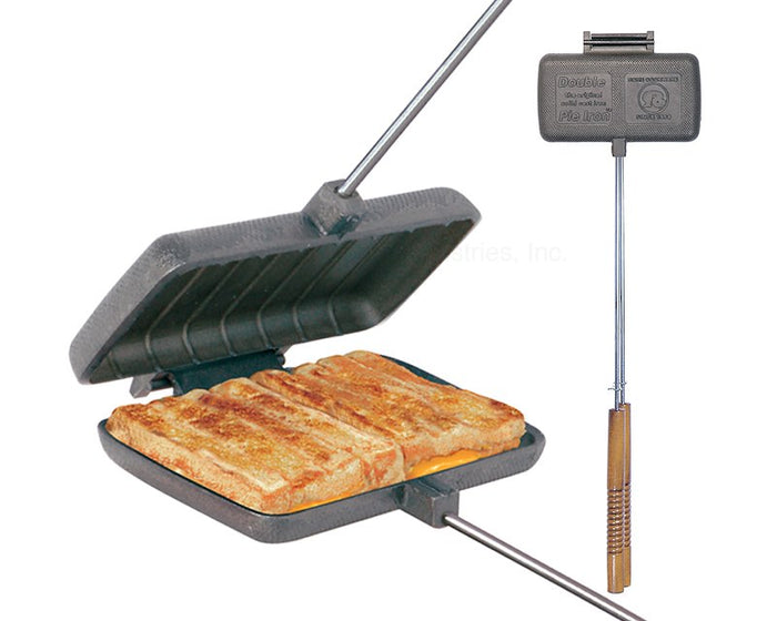 Black Cast Iron Rome Double Pie Iron 1605 Open with Grilled Sandwiches - Front View with Full Length Handle | United RV Parts
