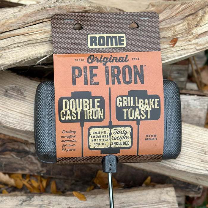 Rome Industry Double Cast Iron Pie Iron 1605 Retail Packaging on Firewood - Package Front View | United RV Parts