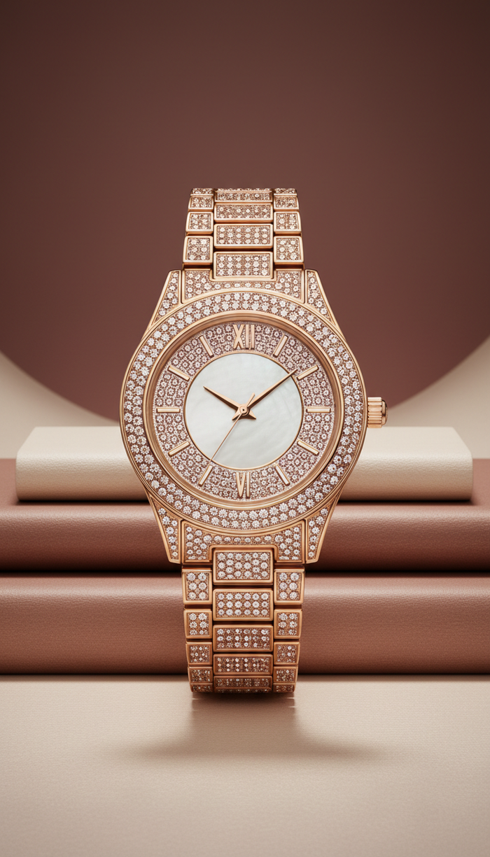 Rose Gold Crystal-Embellished Watch