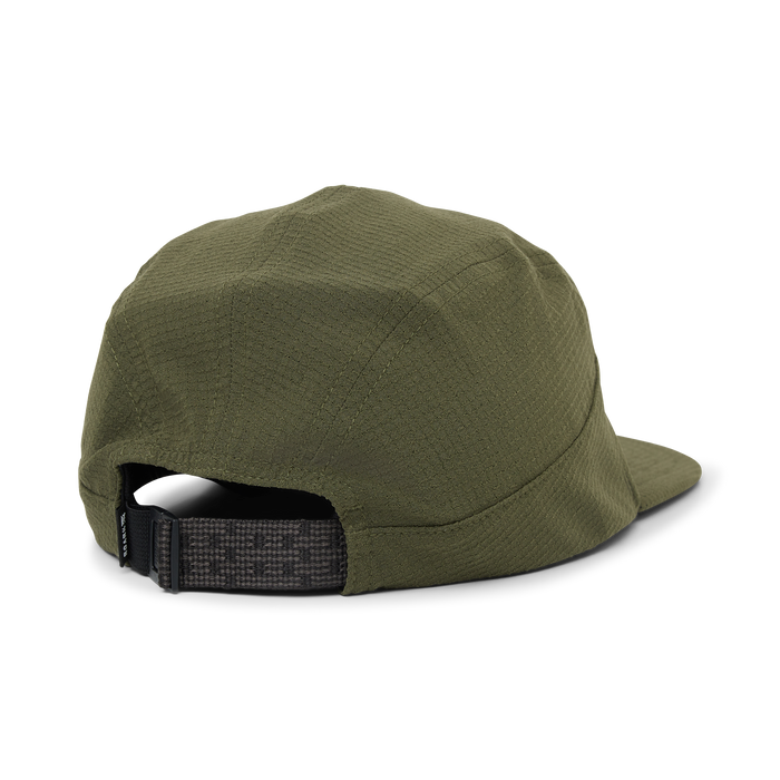 Olive green camp hat with structured crown and black adjustable strap back closure, shown from rear three-quarter angle