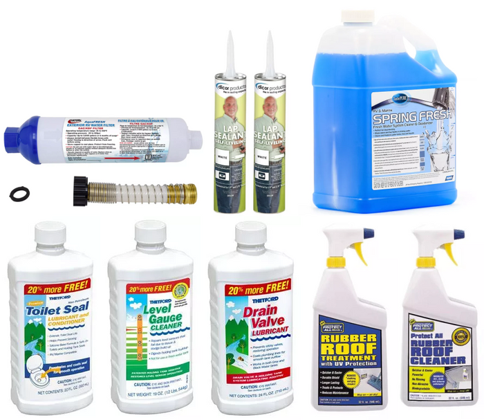 RV Dewinterization Bundle Products - Flat Lay Display | United RV Parts