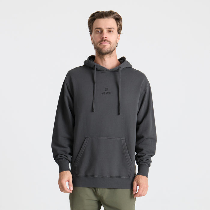 Close-up of a charcoal-colored Roark hoodie with an adjustable hood, designed for comfort and adventure in cool weather.