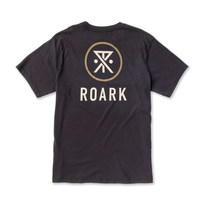 Black short-sleeve t-shirt with Roark logo featuring gold circle, white geometric symbol, and text on back