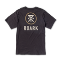 Black short-sleeve t-shirt with Roark logo featuring gold circle, white geometric symbol, and text on back