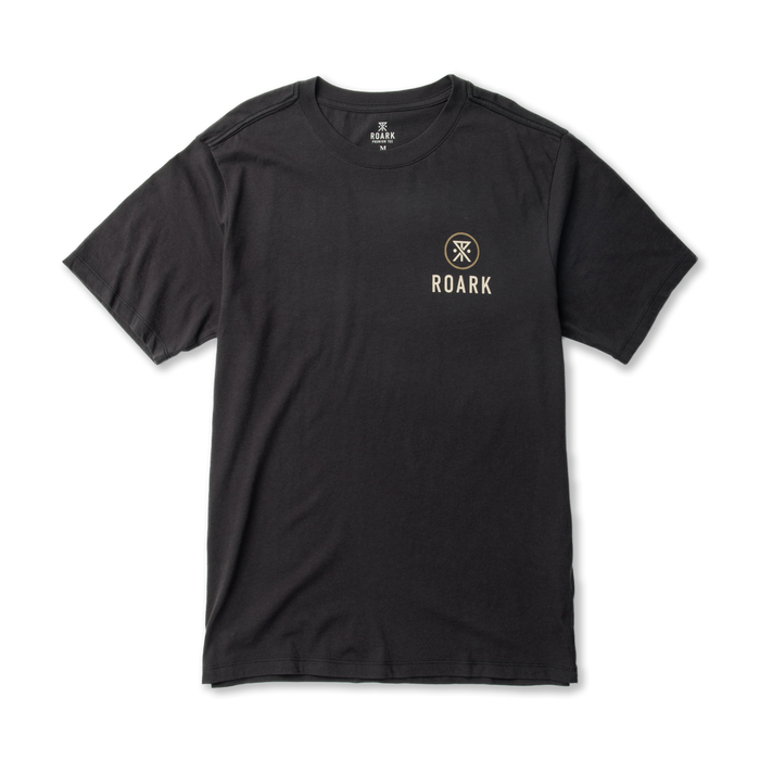 Black Roark short sleeve t-shirt with small gold logo and text on chest, flat lay front view