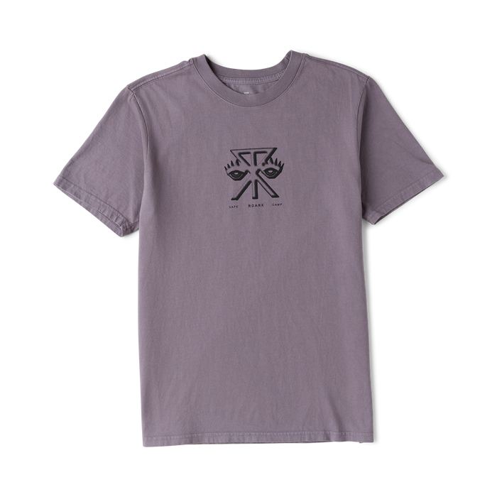 Mauve purple short-sleeve t-shirt with geometric eye and arrow graphic design and Safe Roark Camp text printed on chest