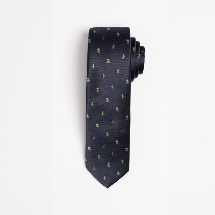 Navy blue tie with green cactus pattern