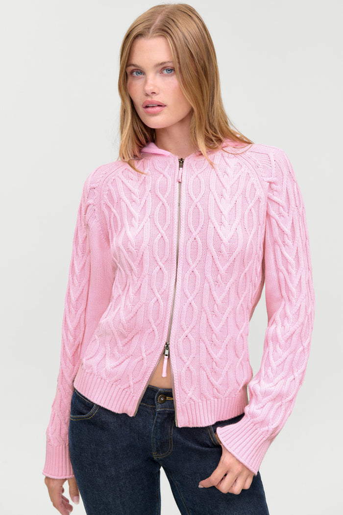 Salem Oversized Cable Knit Hoodie - Pillow Pink